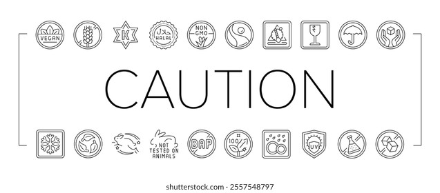 product caution label warning icons set vector. vegan, gluten free, kosher, halal, gmo-free, fair trade, temperature sensitive product caution label warning black contour illustrations