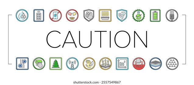 product caution label warning icons set vector. clean formula, remote control, no app required, vitamin, durability, microwave safe product caution label warning color line illustrations