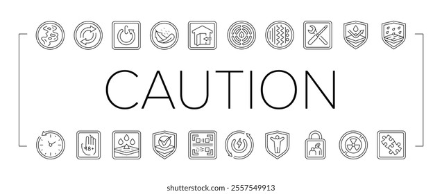 product caution label warning icons set vector. odor control, reversible, automatic shut down, lightweight, indoor use only product caution label warning black contour illustrations