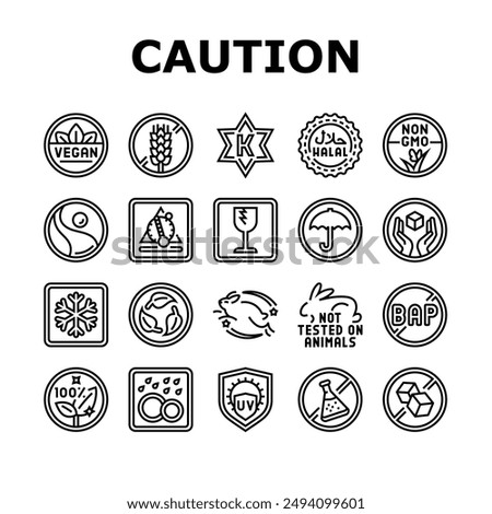 product caution label warning icons set vector. vegan, gluten free, kosher, halal, gmo-free, fair trade, temperature sensitive product caution label warning black contour illustrations