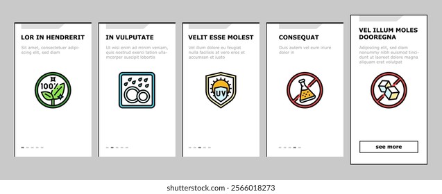 product caution label warning onboarding mobile vector vegan, gluten free, kosher, halal, gmo free, fair trade, temperature sensitive product caution label warning illustrations