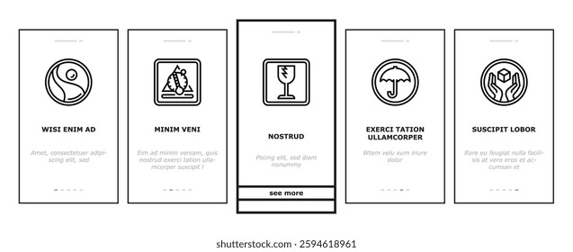 product caution label warning onboarding mobile vector vegan, gluten free, kosher, halal, gmo free, fair trade, temperature sensitive product caution label warning illustrations