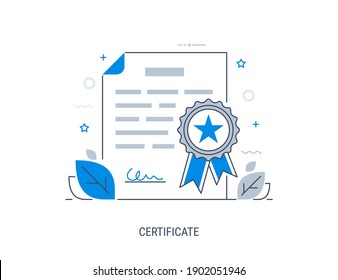 Product certification. Flat modern line-art vector illustration. Editable stroke.