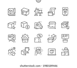 Product. Characteristic, media advertising, order, testimonials, customization and packaging. Product presentation. Pixel Perfect Vector Thin Line Icons. Simple Minimal Pictogram