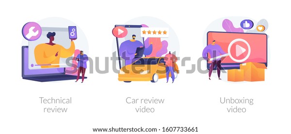 Product client feedback cartoon icons set.\
Customer experience, influencer marketing. Technical review, car\
review video, unboxing video metaphors. Vector isolated concept\
metaphor\
illustrations.