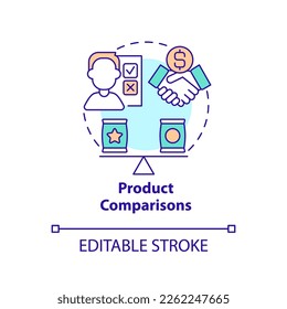 Symbol für Produktvergleiche Online-Konsultation. Inhalte für Affiliate-Website abstrakte Idee dünne Linie Illustration. Einzeln Umrisszeichnung. Bearbeitbarer Strich. Arial, Myriad Pro Fett Schriftarten verwendet