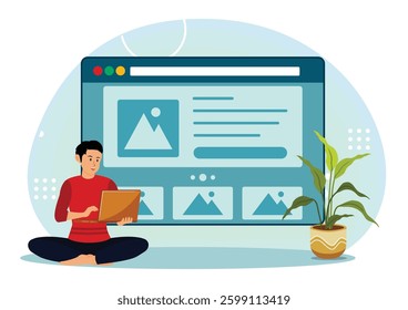 Product Concept. Male using a laptop, sitting cross legged, with a digital workspace interface displayed.  Flat vector modern illustration 