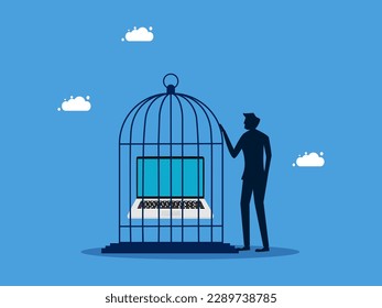 IT product control and lack of business autonomy. man locks laptop in cage