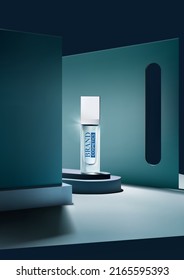 Product cosmetic on blue stage with abstract background  .  Mockup illustration . Realistic vector illustration 