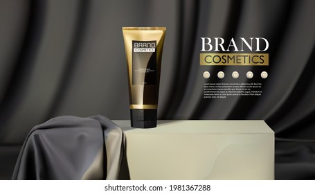 product cosmetic stage for product presentation. Cosmetic jar on podium and black fabric .black fabric background.Cosmetic packaging mockup design. vector illustration.