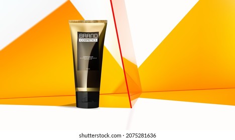 Product cosmetic with Transparent glass plates orange . abstract background .  Mockup 3D illustration . Realistic vector illustration .