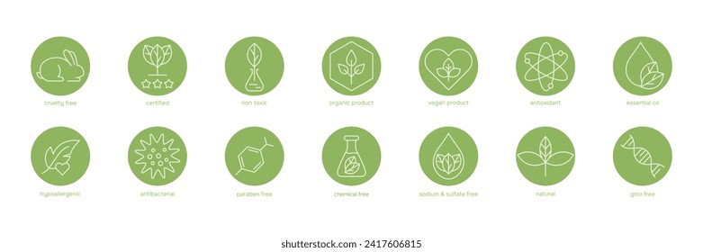 Product cosmetics symbols. Organic ingredients line icon set. Hypoallergenic, GMO free, Eco friendly cruelty free, natural, vegan signs. Badges for beauty product. Vector illustration