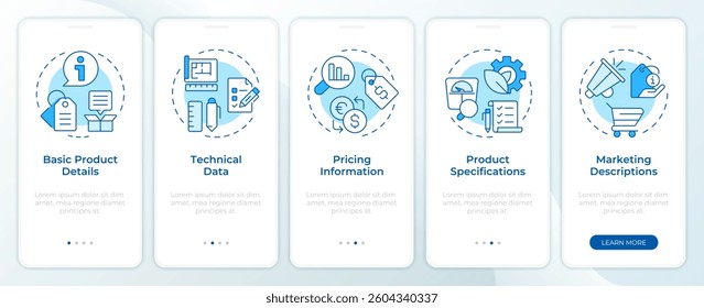 Product data sheet blue onboarding mobile app screen. PIM system. Walkthrough 5 steps editable graphic instructions with linear concepts. UI, UX, GUI