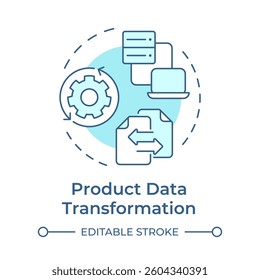 Product data transformation soft blue concept icon. Goods information processing. Feature of PIM. Round shape line illustration. Abstract idea. Graphic design. Easy to use in presentation