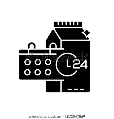 Product dates black glyph icon. Expiration deadline for milk. Grocery food. 24 7 supermarket. Foodstuff to purchase. Healthy eating. Silhouette symbol on white space. Vector isolated illustration