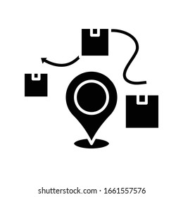 Icono negro de entrega del producto, ilustración conceptual, símbolo plano vectorial, signo de glifo.
