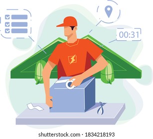 product delivery concept illustration, man packing up products for delivery .