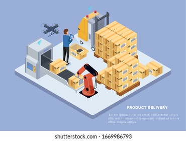 Product delivery. Man controlling shipping process. Factory produce and transport cardboard boxes. Isometric picture of warehouse with lot of packages. Vector illustration of logistic in flat style