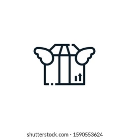 Product delivery, parcel, box with wing outline icons. Vector illustration. Editable stroke. Isolated icon suitable for web, infographics, interface and apps.