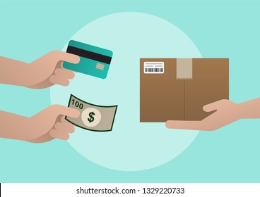 Product delivery, Payment by cash or credit card, Flat design, Vector illustration