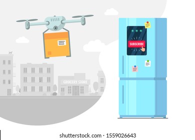Product delivery subscribe by flying drone concept. Fridge with subscription online shopping goods app from supermarket. Quadcopter carries food box from grocery store over city vector illustration