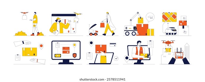 Product delivery using modern technology services in the form of robots for more efficient time, vector illustration.