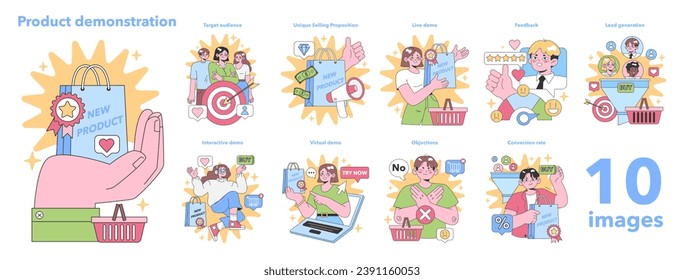 Product Demonstration set. Engaging presentations showcasing new product features to target audiences with interactive and virtual demos. Flat vector illustration.