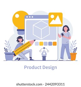 Product design concept. Designers craft user-centric interfaces, wielding pencils and digital tools to shape user experience in product development. Vector illustration.