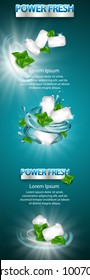 Product design element, big banner . Mint flavor gum ad with leaf and water splash element,on light blue background, 3d illustration