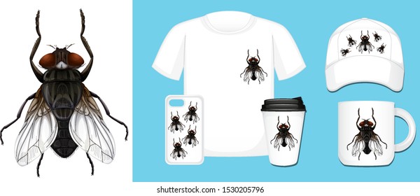 Product design with housefly on different templates illustration
