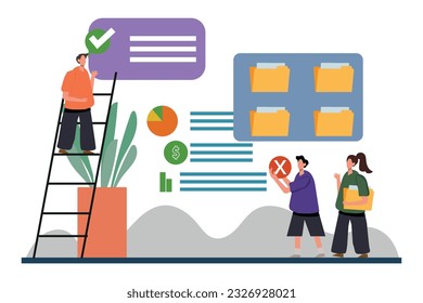 Product design as imagining and creating products brand tiny person concept. Professional team for commerce ads activities for launch strategy and financial plan presentation vector illustration.