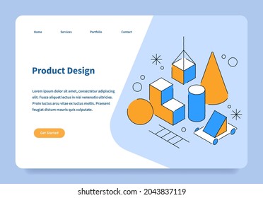 Product design landing page concept vector isometric illustration. User interface homepage template of website development. Digital advertising technology management application with place for text