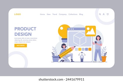 Product design web or landing page. Designers craft user-centric interfaces, wielding pencils and digital tools to shape user experience in product development. Vector illustration.