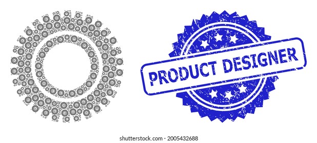 Product Designer grunge seal and vector recursion mosaic clock gear. Blue stamp seal includes Product Designer text inside rosette.