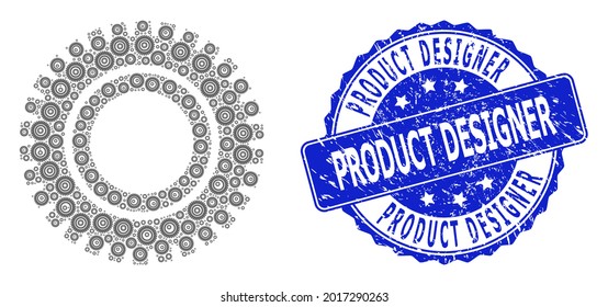 Product Designer scratched round stamp and vector recursive collage clock gear. Blue stamp contains Product Designer title inside round shape. Vector collage is formed of repeating clock gear icons.