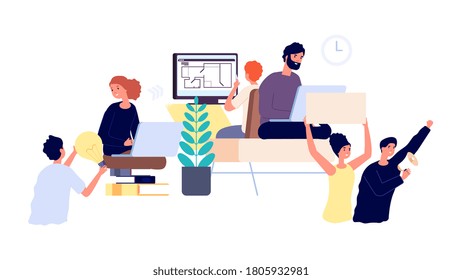 Product developers. Business project implementation from idea to launch. Teamwork, people working step by step. Idea and marketing, freelancers chain vector illustration