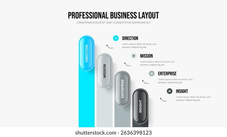 Product Development 4 Step Diagram Slideshow Design. Corporate Introduction Four Option Infographic Slide Template. Sales Performance Frame Layout Vector Illustration.