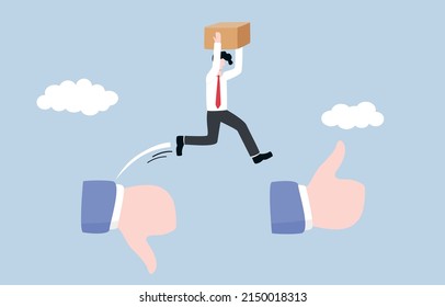 Product development according customer requirement or feedback, marketing strategy concept. Businessman carrying product box parcel jumping from thumb down to thumb up sign.