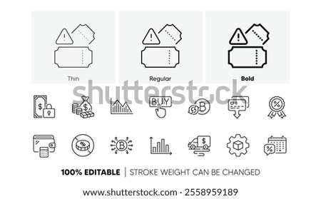 Product development, Cash transit and Money line icons. Pack of Wallet, Discounts calendar, Discount medal icon. Diagram graph, Tickets, Card pictogram. Investment graph, Refresh bitcoin. Vector