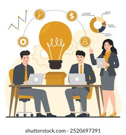 concepto de desarrollo de productos brainstorming, producto Nuevo, trabajo en equipo, lluvia de ideas, trabajo en equipo Startup business Ilustración plana