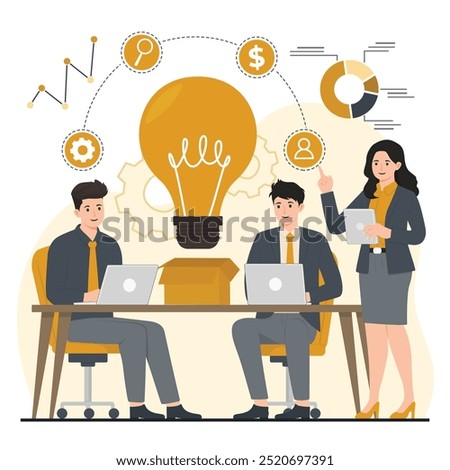 product development concept brainstorming, New product, teamwork, brainstorming, team work Startup business Flat illustration