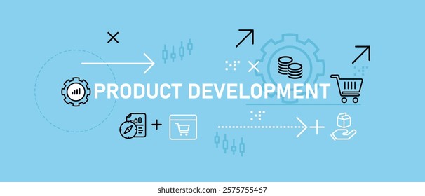 Product Development concept highlighting product innovation market research manufacturing strategy development planning and production management for data-driven design and idea execution