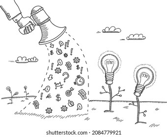 Concepto de desarrollo de producto - ilustración esquemática de vector dibujada a mano. Altavoz con los diferentes iconos de los medios sociales con las dos lámparas-plantas.
