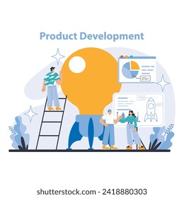 Product Development concept. Team collaboration on innovative solutions. Charting progress with data analytics. Visionary design and strategic planning. Flat vector illustration.