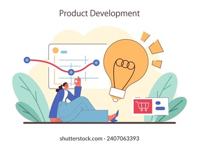 Concepto de desarrollo de productos. La mujer analiza el gráfico de crecimiento mientras se acerca una bombilla gigante iluminada, indicando ideas innovadoras y el lanzamiento estratégico del mercado. Ilustración vectorial plana.