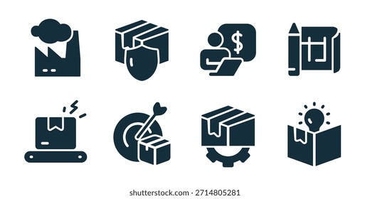 Product development excellent icon collection. Set of factory, protected package, finance planning, blueprint scroll, delivery conveyor, target package, production gear, idea box icons