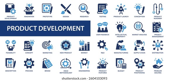 Product development flat icons set. Concept, idea, innovation, design, strategy, planning, prototype, teamwork icons and more signs. Flat icon collection.