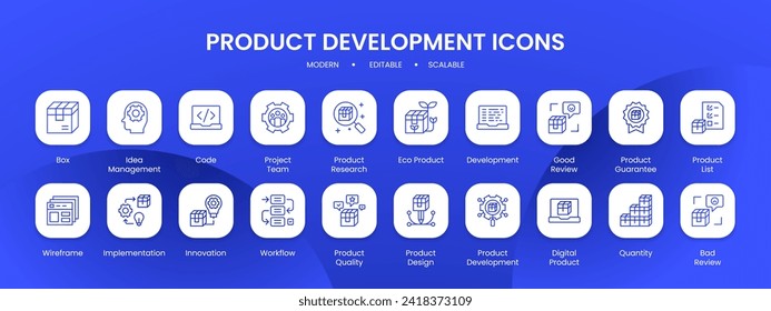 Product development icon collection with black filled line outline style. product, development, business, design, web, concept, idea. Vector Illustration