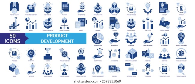 Product development icon collection set. Containing product, strategy, market, business, planning, profit, progress, goal, brainstorming and customer icon. Simple flat vector.