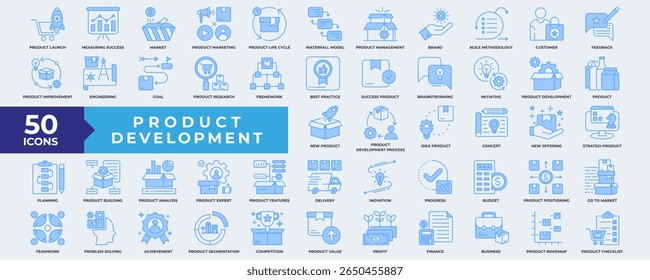Product Development icon collection set. Containing development, product, strategy, business, innovation, marketing, management, growth, planning and teamwork. Simple Blue Vector.